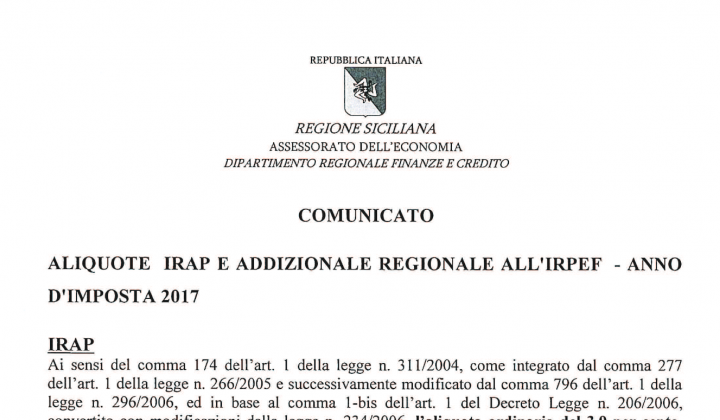 Immagine articolo: Fissate le aliquote di Addizionale Regionale e IRAP in Sicilia per l'anno di imposta 2017