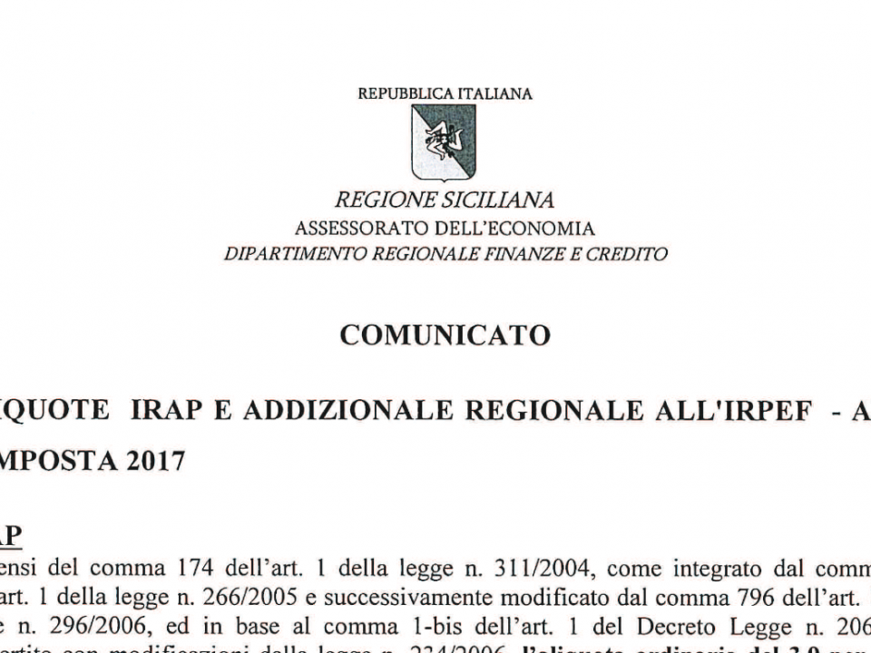 Immagine articolo: Fissate le aliquote di Addizionale Regionale e IRAP in Sicilia per l'anno di imposta 2017