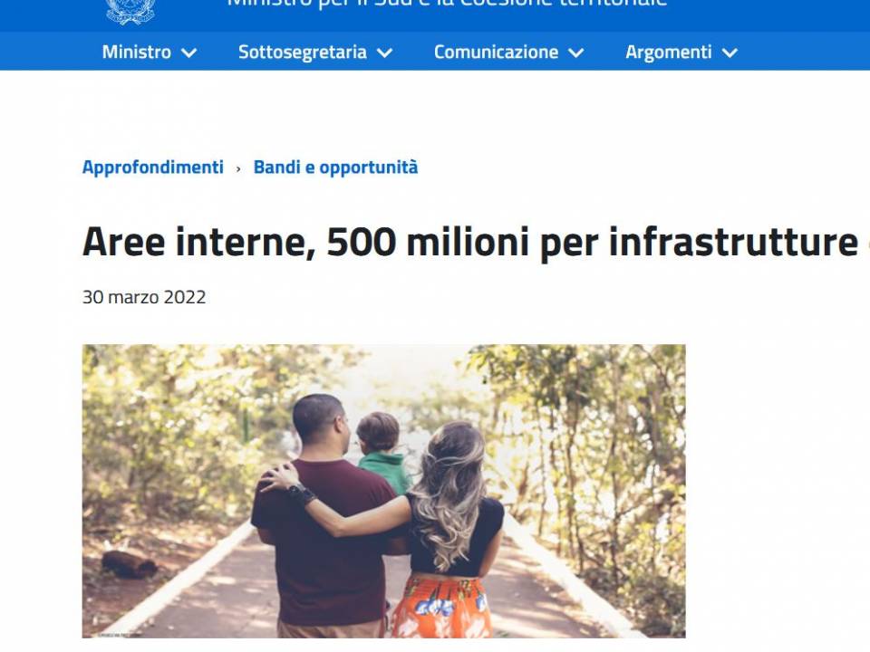 Immagine articolo: Pubblicato il bando Aree interne dedicato a 3.832 comuni d'Italia: ben 500 mln € per infrastrutture e servizi sociali
