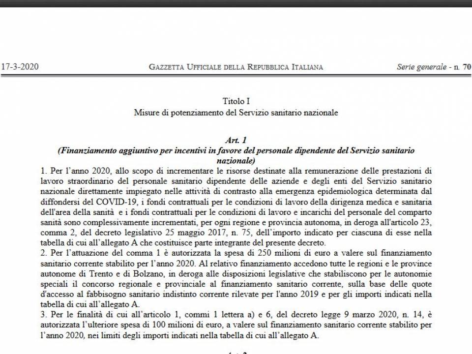 Immagine articolo: Pubblicato il testo definitivo del Decreto Cura Italia Marzo: 30 articoli  dedicati al sostegno di lavoratori dipendenti ,autonomi e imprese